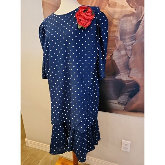 Vintage 1990's "Risa Ann" Dress SZ 20wp Blue white Polka-dot Short sleeve - Picture 2 of 9